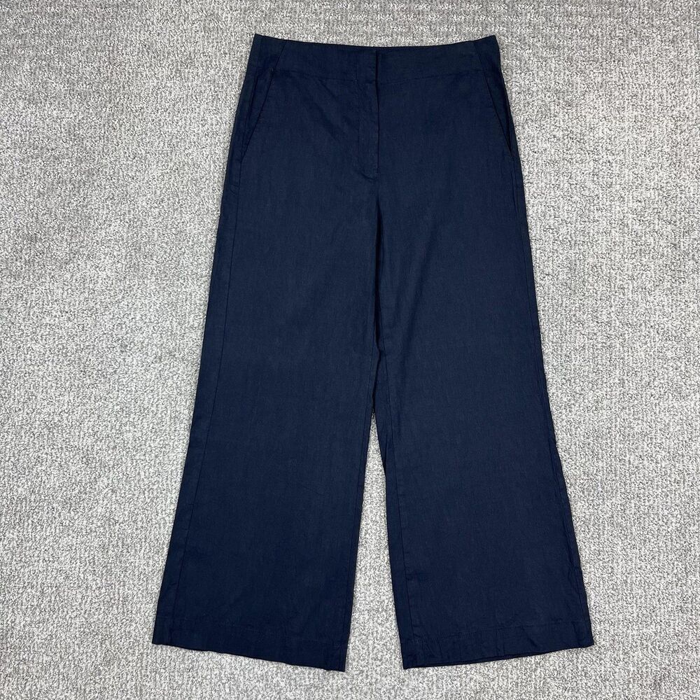 Theory Pants Womens 4 Navy Blue Linen Wide Leg Dress Trousers Office Career Work